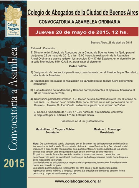 CONVOCATORIA A ASAMBLEA ORDINARIA - Jueves 28 de mayo, 12 hs.