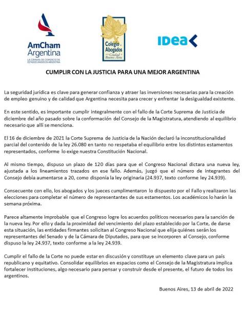 Declaracin conjunta de AMCHAM, IDEA Y CACBA<br/>Cumplir con la justicia para una mejor Argentina 