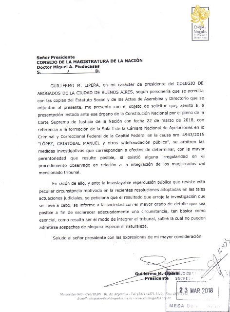 PEDIDO DE  URGENTE INVESTIGACIN EN LA CONFORMACIN DE UN TRIBUNAL DE APELACIONES